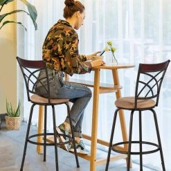 45.5 in. Brown Cushioned Adjustable Height Swivel Bar Stool/Counter Stools Wood Top Rail Backrest (Set of 2)，Metal by VECELO -Camaflexi Shop wood top rail backrest vecelo bar stools khd xjm bs03 a2 31 1000
